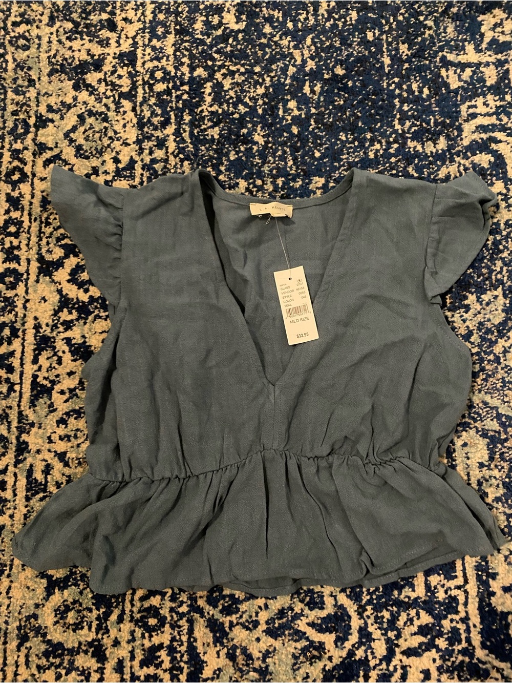 La Hearts Slate Blue Peplum V-Neck Top with Flutter Sleeves